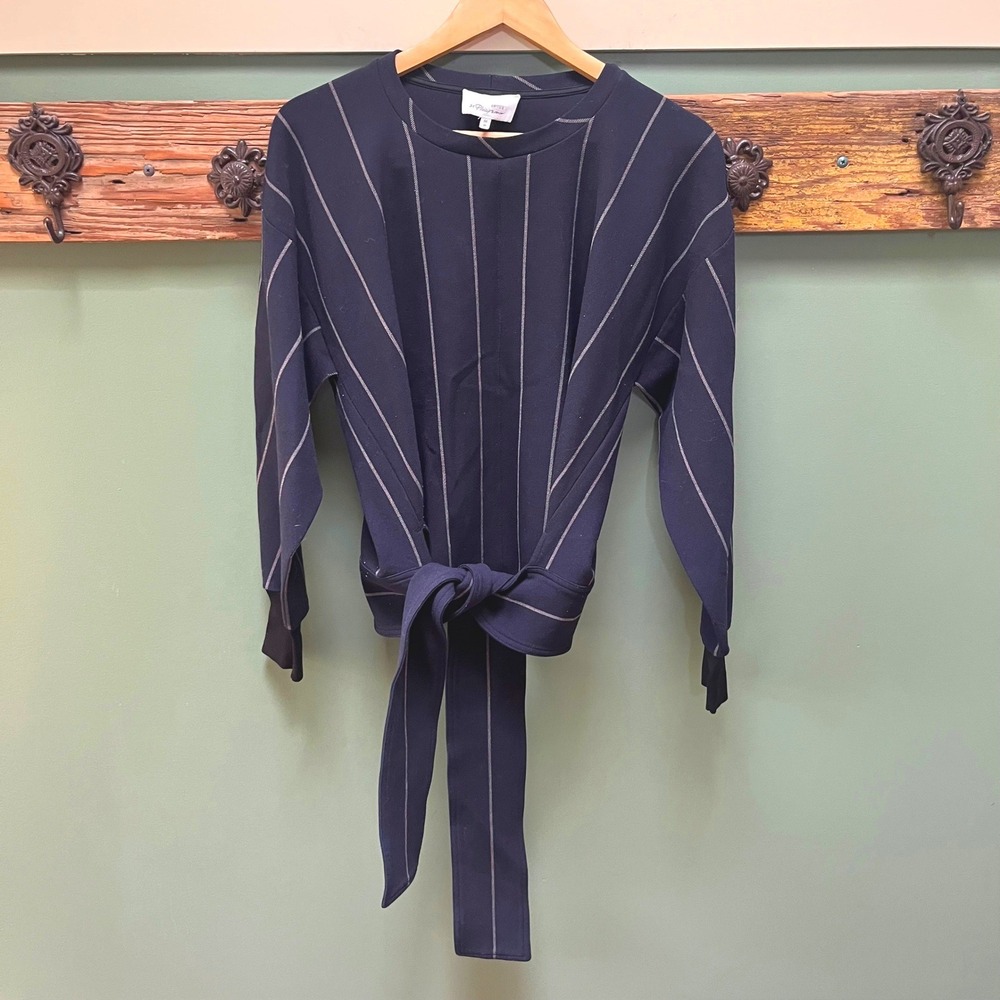 3.1 Phillip Lim Womens Navy Blue Pinstripe Tie Waist Long Sleeve Top Size M